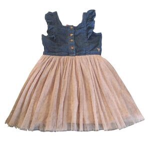 🟣 Y2K Guess Kids Dotted Pink Tulle Ruffle Jean Jumper Dress Girl's 24mnths